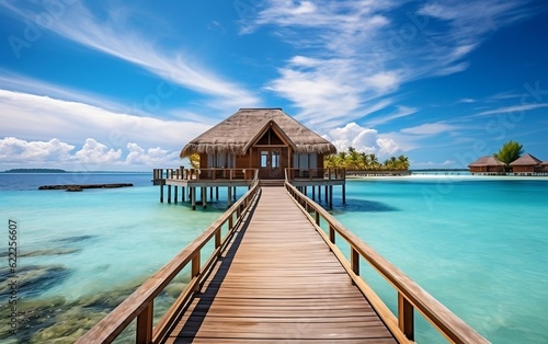 A scenic wooden dock leading to huts in the ocean. AI © Umar