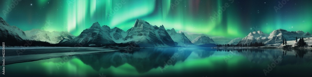 Panorama of Northern Lights Illuminate on Mountain Sky. Generative ai