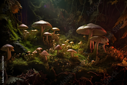 An otherworldly forest of glowing mushrooms, showing the intricate details and luminescence of the fungi. Generative AI