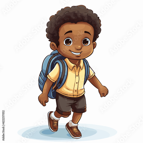simple cartoon clipart black african american boy student child going to school white background