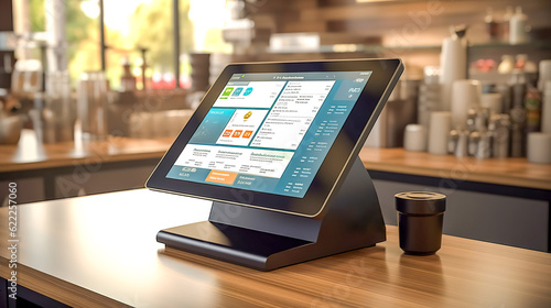 touch cash register terminal in catering facilities. bar and restaurant, payment system, made with Generative AI photo