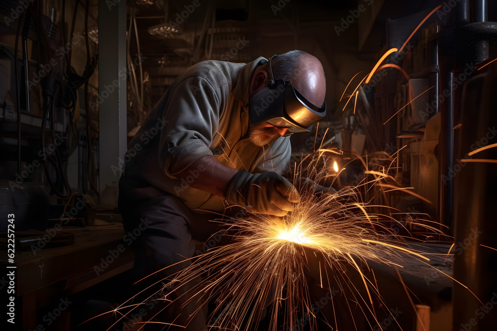 Artistic motion blur photograph of a welder in a fabrication workshop, showcasing the sparks and motion involved in metalworking. Generative AI Artistic motion blur photograph of a welder in a fabrication workshop, showcasing the sparks and motion involved in metalworking. Generative AI