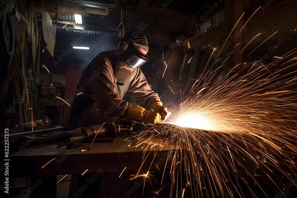 Artistic motion blur photograph of a welder in a fabrication workshop, showcasing the sparks and motion involved in metalworking. Generative AI Artistic motion blur photograph of a welder in a fabrication workshop, showcasing the sparks and motion involved in metalworking. Generative AI