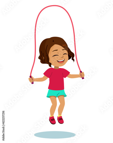 Happy cute child girl playing jump rope. Vector illustration of female kid doing leisure activity