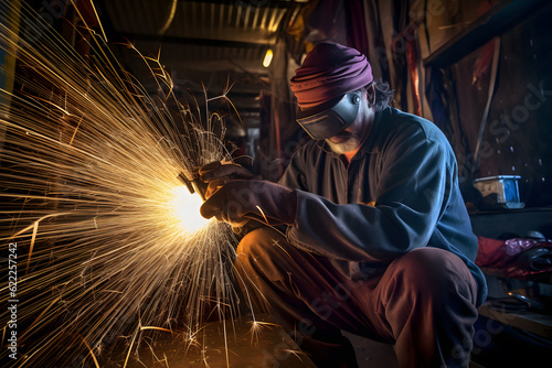 Artistic motion blur photograph of a welder in a fabrication workshop, showcasing the sparks and motion involved in metalworking. Generative AI