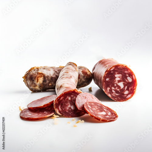 Assorted smoked sausages on white background with copy space