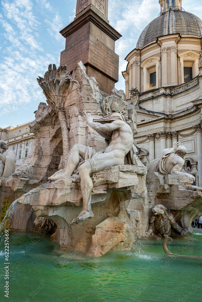 Details of fountain dei Quattro Fiumi and the church Sant-Agnese in Agone on  Navona square