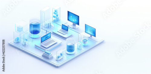 Isometric icon of computers, laptops, liaisons and technology equipment. Copy space, creative banner for computer service, tech repair, cloud storage. White blue colors. Generative AI illustration.