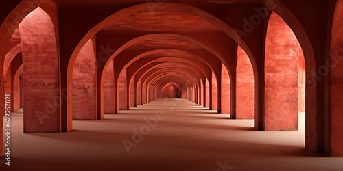 long corridor with ancient columns in greek style and brown-reddish earth tones,fictional architecture made with generative ai