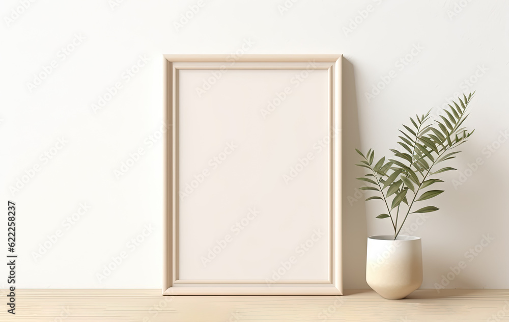 Mockup poster frame on the wall of the modern Scandi Style room. Minimalist style interior. Simple light beige background wall. Modern interior design, generative ai. Mockup poster frame on the wall of the modern Scandi Style room. Minimalist style interior. Simple light beige background wall. Modern interior design, generative ai.