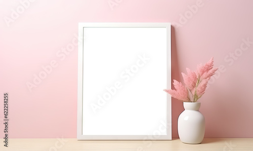 Mockup poster frame on the wall of the modern Scandi Style room. Minimalist style interior. Simple light pink background wall. Modern interior design, generative ai.