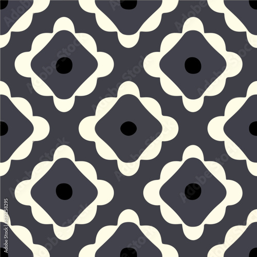 Repeating fabric pattern in black and white, showcasing a series of circles. This art deco inspired seamless pattern design adds a touch of elegance and sophistication to any surface.