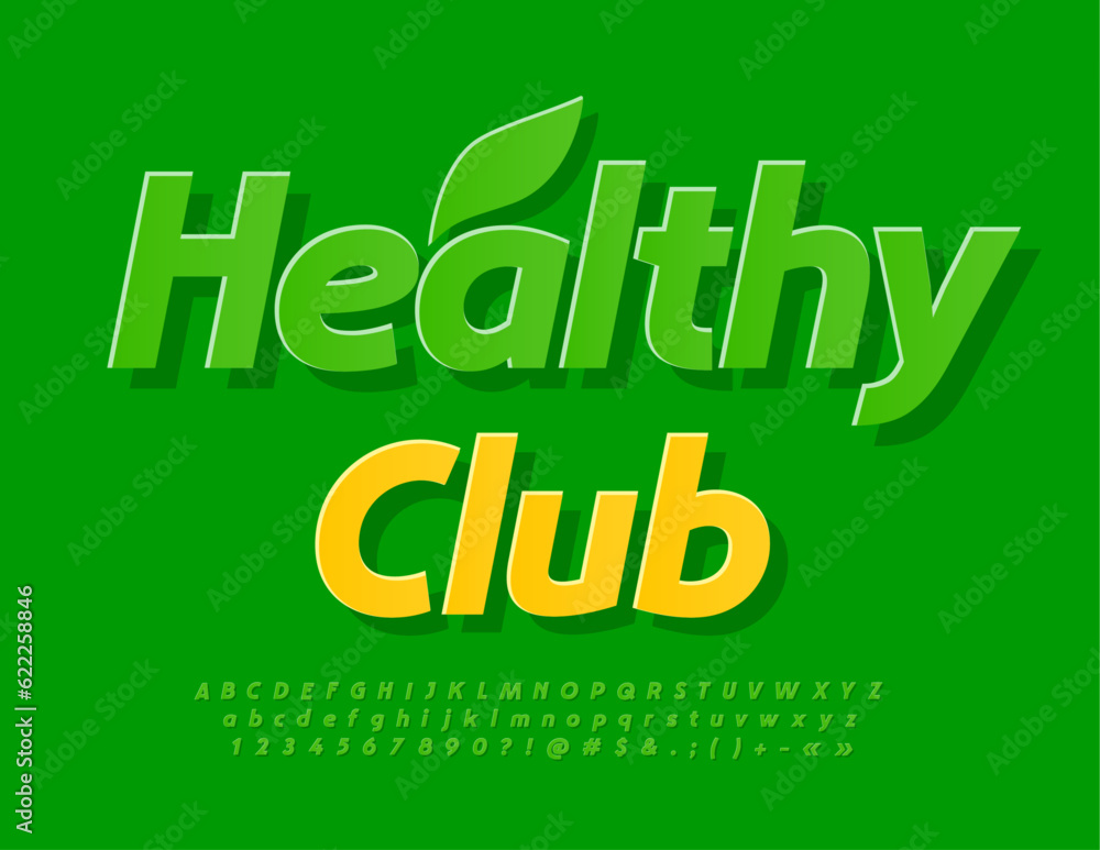 Fototapeta premium Vector wellness concept Healthy Club with decorative Leaf. Green sticker Font. Stylish set of Alphabet Letters, Numbers and Symbols