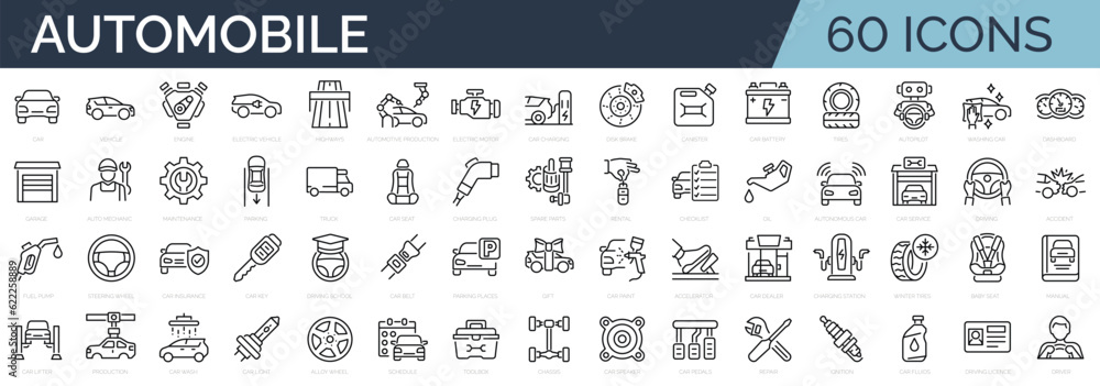 Set of 60 outline icons related to car, auto, automobile. Linear icon collection. Editable stroke. Vector illustration