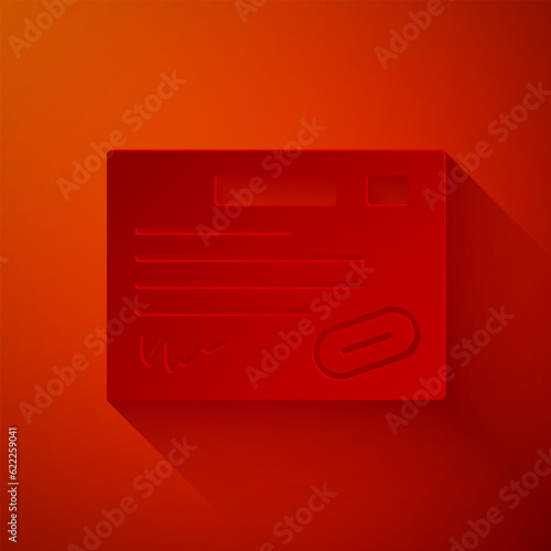 Paper cut Warranty certificate template icon isolated on red background. Paper art style. Vector Illustration
