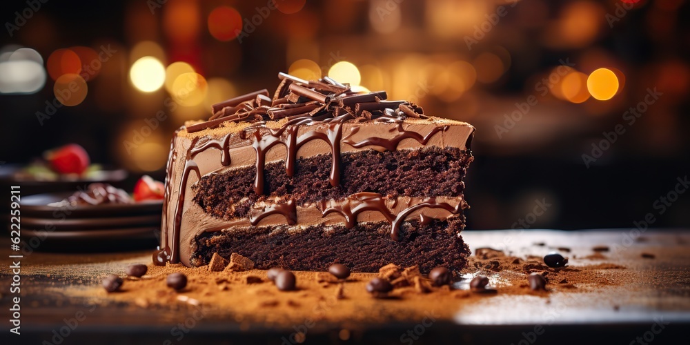 AI Generated. AI Generative. Chocolate pie cake desert brown bake sugar sweet organic food. Evening party birthday background. Graphic Art
