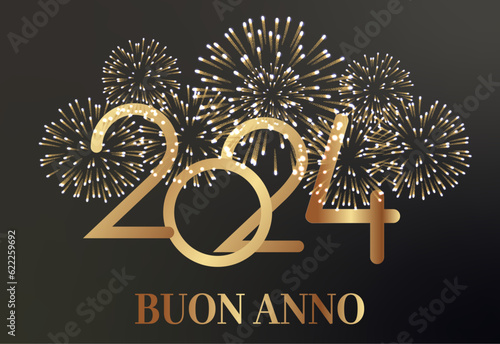 carta o banner per augurare un felice anno nuovo 2024 in oro con dietro un fuoco d'artificio di colore oro su uno sfondo sfumato nero e grigio