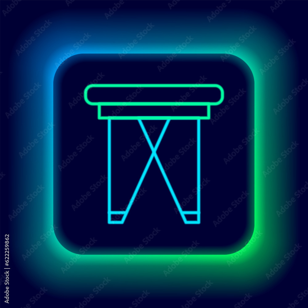 Glowing neon line Camping portable folding chair icon isolated on black background. Rest and relax equipment. Fishing seat. Colorful outline concept. Vector Glowing neon line Camping portable folding chair icon isolated on black background. Rest and relax equipment. Fishing seat. Colorful outline concept. Vector