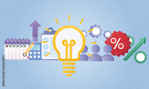 Startup, business plan, project development, from idea to realisation. Creative concept.on blue background.Vector Design Illustration.