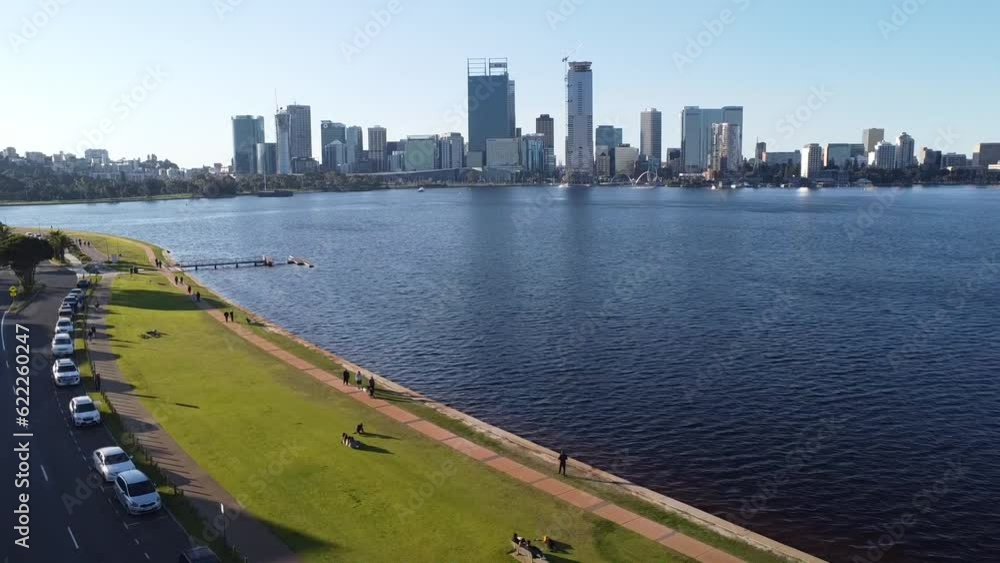 Drone shot rising over Swan River with skyline of Perth, Western Australia and South Perth foreshore Drone shot rising over Swan River with skyline of Perth, Western Australia and South Perth foreshore