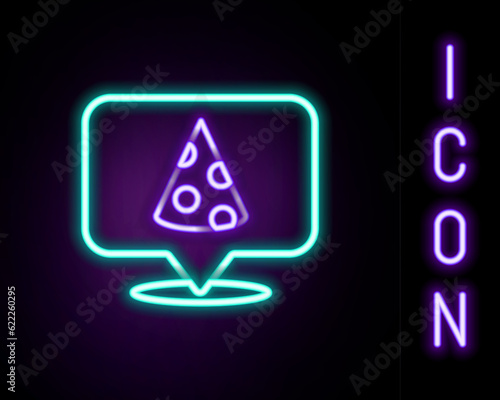 Glowing neon line Slice of pizza icon isolated on black background. Fast food menu. Colorful outline concept. Vector