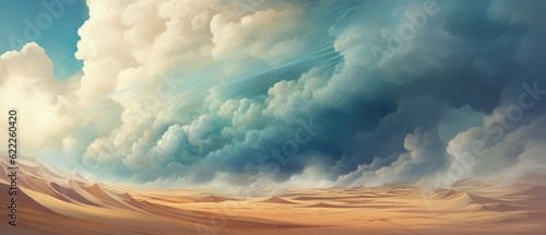 Far away magical landscape of light brown desert dunes and amazing sandstorm clouds at the horizon, vast panoramic open world expanse of beautiful unspoiled nature - Generative AI photo