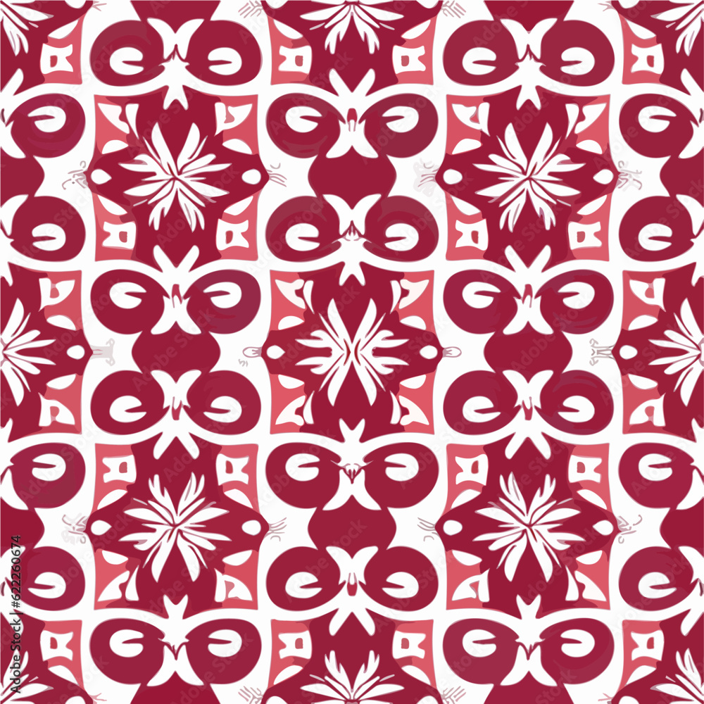 Repeating fabric pattern in red and white featuring circular motifs, inspired by aizome technique, creating a seamless and captivating design. Repeating fabric pattern in red and white featuring circular motifs, inspired by aizome technique, creating a seamless and captivating design.