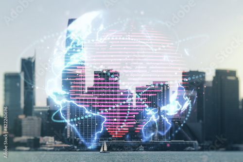 Double exposure of abstract digital world map hologram with connections on San Francisco office buildings background  big data and blockchain concept