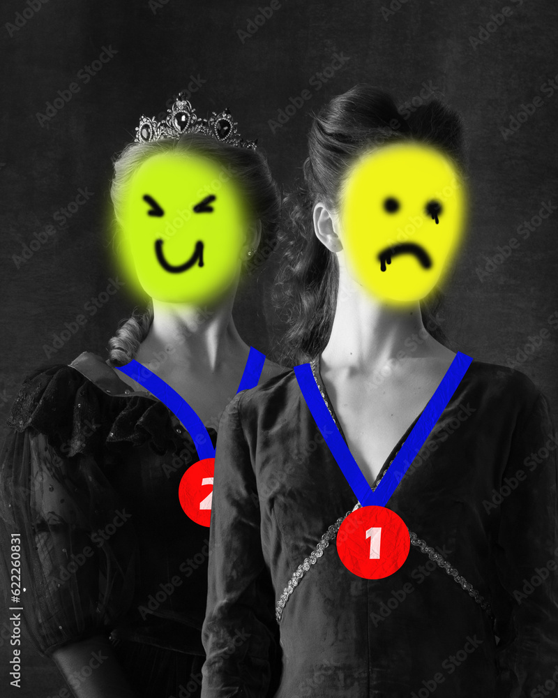 Naklejka premium Contemporary art collage. Win and lose. Two women, royal persons showing diversity of emotions. Doodles