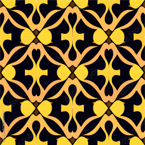 Visually striking abstract design displayed on a black and yellow background. It showcases elements of both art deco and art nouveau patterns, making it an ideal choice for repeating fabric.