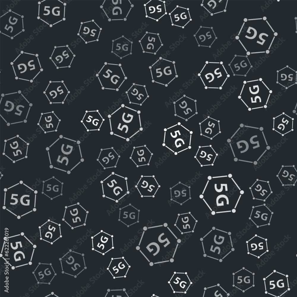 Grey 5G new wireless internet wifi connection icon isolated seamless pattern on black background. Global network high speed connection data rate technology. Vector Grey 5G new wireless internet wifi connection icon isolated seamless pattern on black background. Global network high speed connection data rate technology. Vector