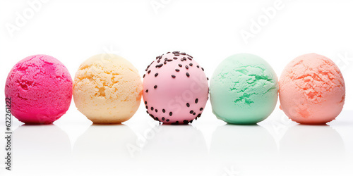 Ice cream balls isolated on white background with copy space. Scoops of delicious multicolored milk ice cream in a line, assortment of flavors. Generative AI.