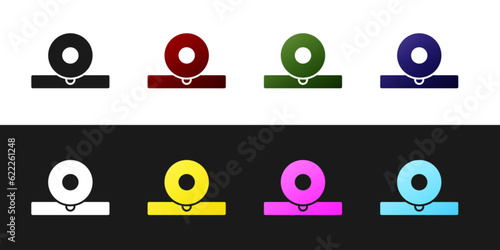 Set Otolaryngological head reflector icon isolated on black and white background. Equipment for inspection the patient's ear, throat and nose. Vector Illustration
