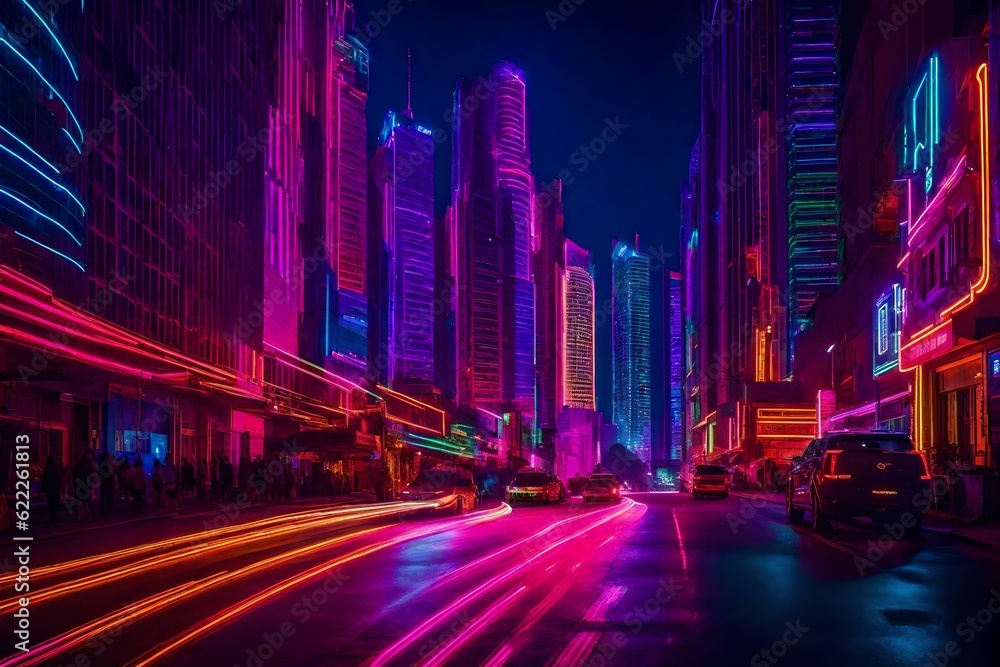 Fototapeta premium lights on road at night in city ai generated