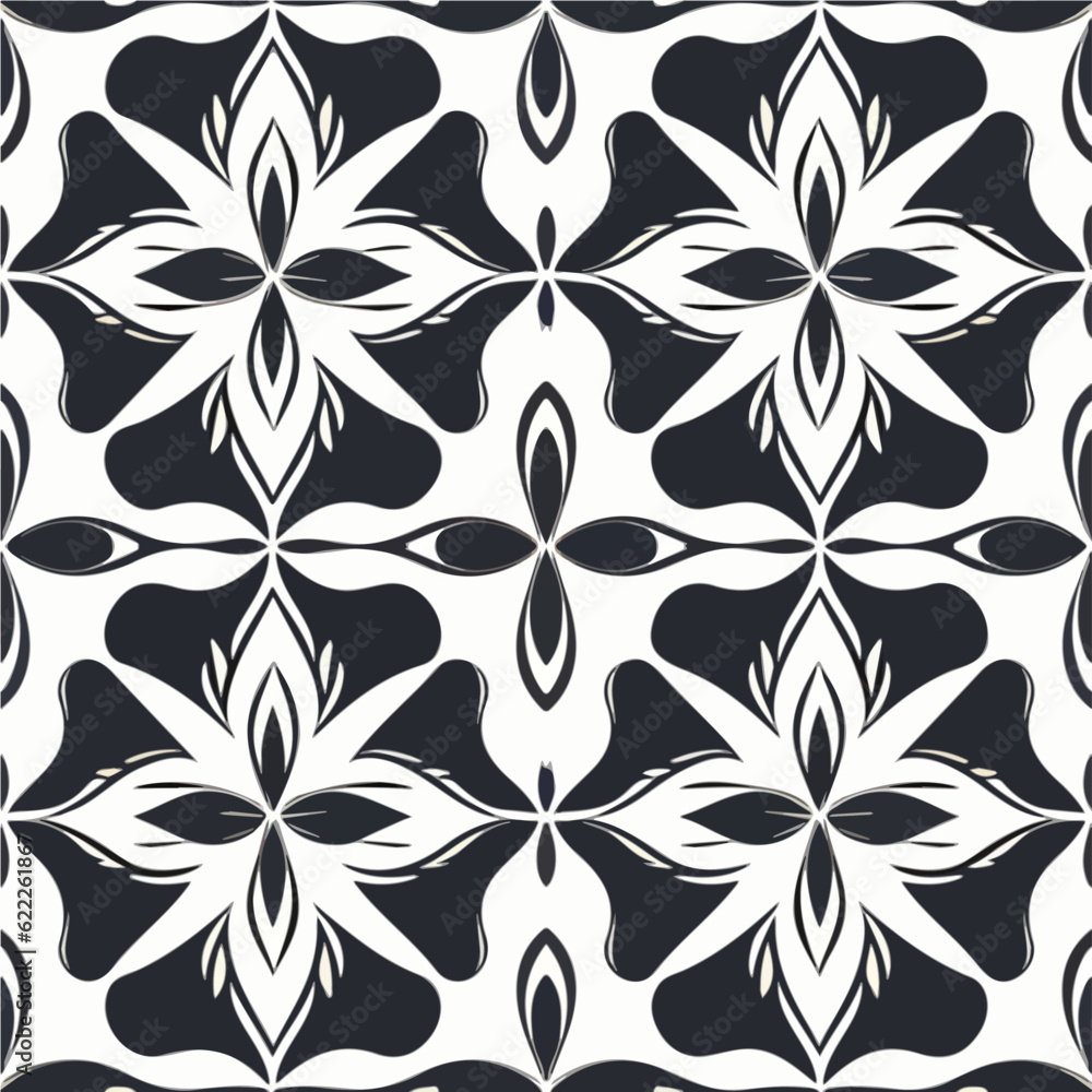 Intriguing black and white abstract design with a touch of darkness, featuring a seamless pattern design with symmetrical elements resembling flowers, creating an overall sense of harmony.
