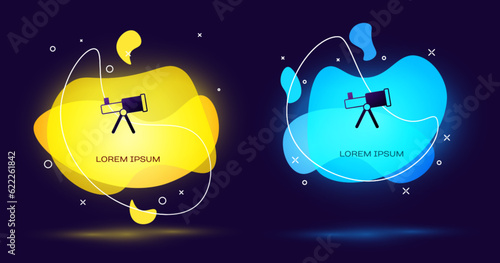 Black Telescope icon isolated on black background. Scientific tool. Education and astronomy element, spyglass and study stars. Abstract banner with liquid shapes. Vector