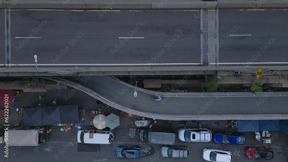 overhead view of car and bike lanes leading to Manhattan Bridge in NYC overhead view of car and bike lanes leading to Manhattan Bridge in NYC