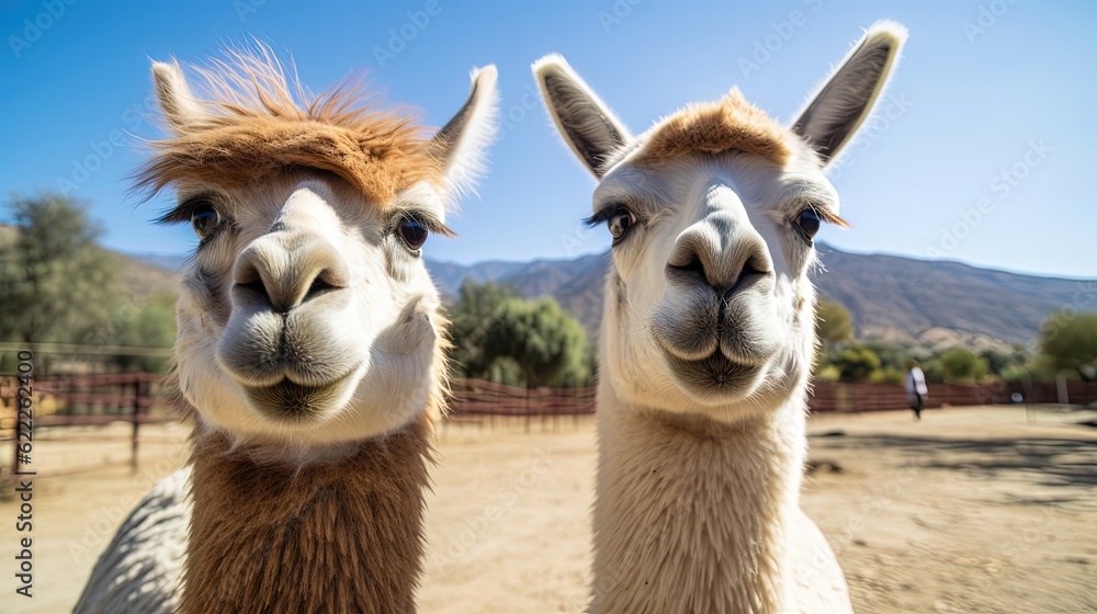Obraz premium Friendly llamas, enchanting creatures known for their long necks and big expressive eyes. These gentle and curious animals are a symbol of grace and serenity. Generated by AI.
