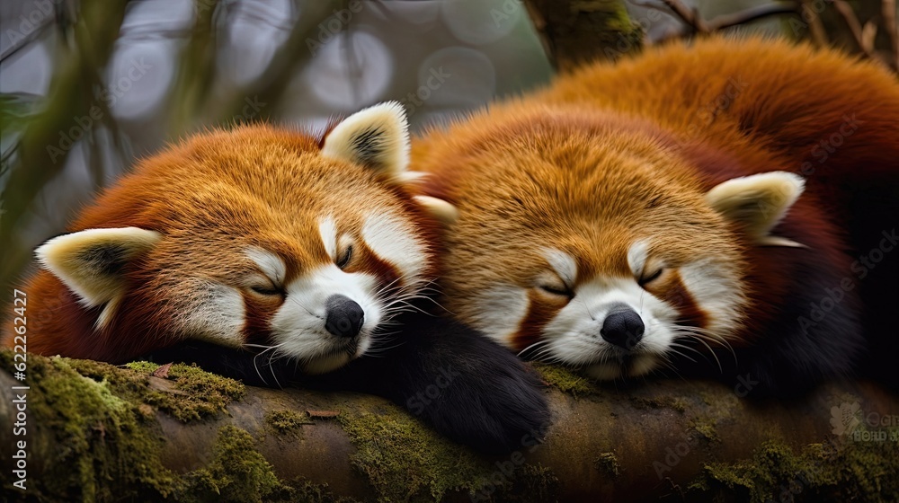 Fototapeta premium Furry red pandas peacefully napping in the treetops. These captivating creatures, with their vibrant red fur and fluffy tails, find comfort in the branches. Generated by AI.
