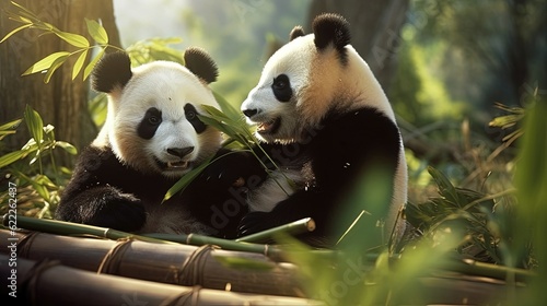 Gentle giant pandas peacefully munching on bamboo, their primary source of sustenance. These magnificent creatures, with their iconic black and white coats and adorable. Generated by AI. © Anastasia