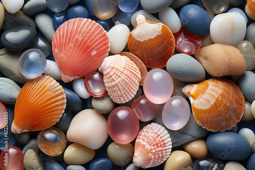 A top-down perspective of foamy waves gently rolling onto a sandy shore, revealing the intricate details of seashells and pebbles beneath the crystal-clear water