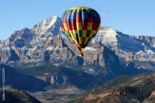 A hot air balloon flying over a mesmerizing canyon, with sheer cliffs, winding rivers, and the sun casting dramatic shadows on the rugged landscape