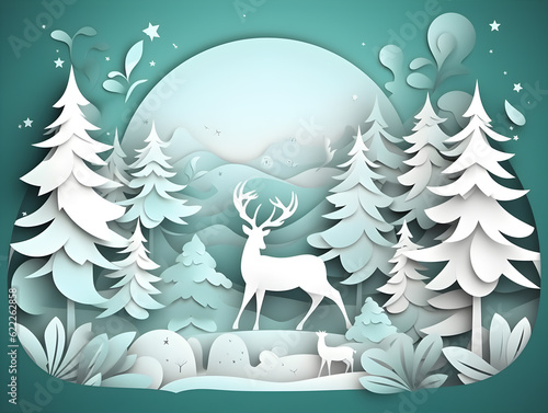 Celebrate the Holiday Season with Merry Christmas and Happy New Year Paper Art Snow, Trees, and Deer. generative ai