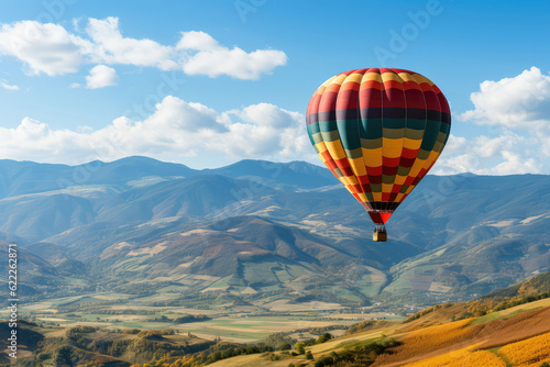 A hot air balloon soaring over a picturesque vineyard during harvest season, with grape clusters hanging from the vines, winemakers at work, and a warm autumn color palette © Matthias