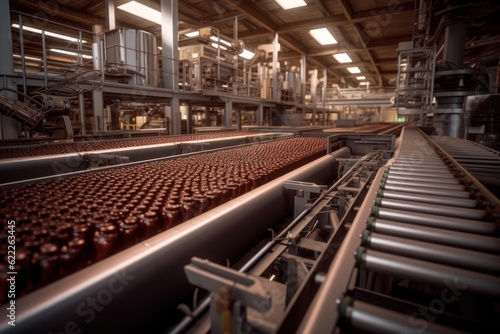 Chocolate factory with conveyor belts of chocolate bars. AI generated photo