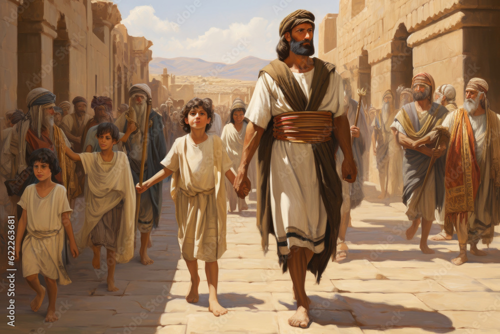 Illustration of Jacob and his family walking in the streets of Egypt Generative AI
