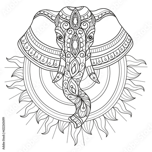 Sun and elephant hand drawn for adult coloring book