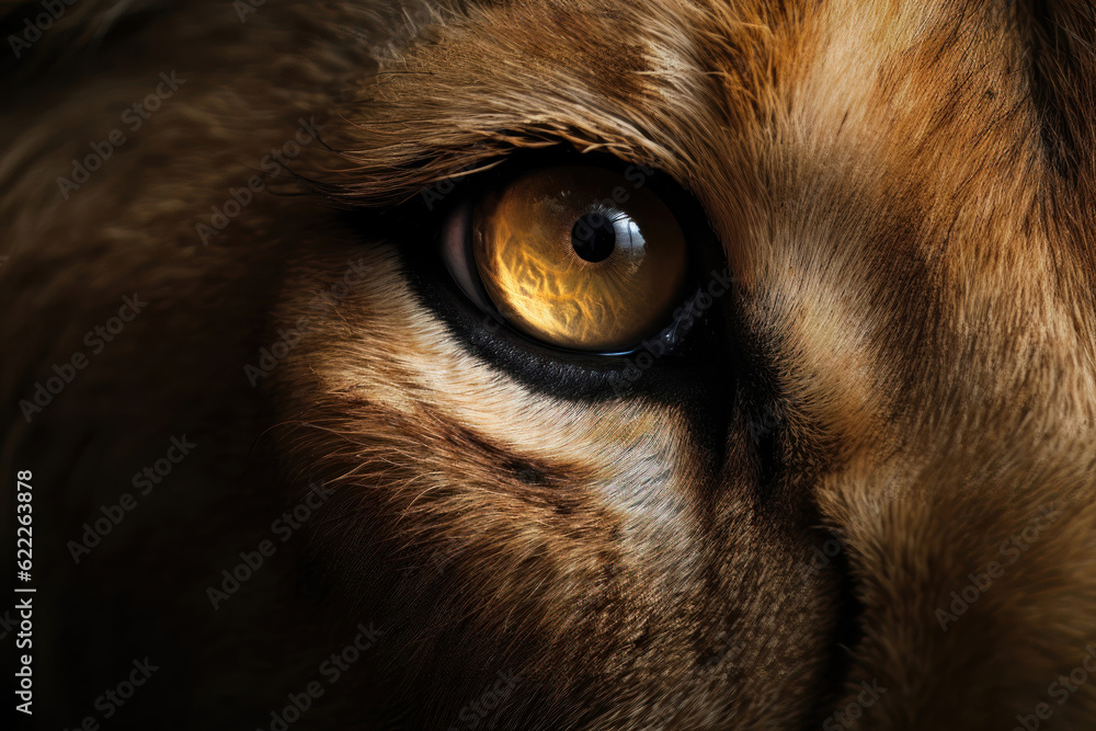 Lion's eyes macro close up. AI generated