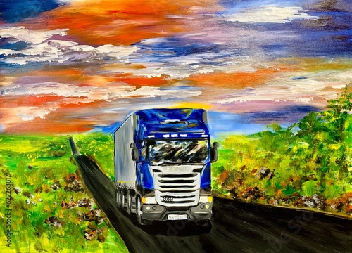 Oil painting of Scania truck on canvas. Big truck on the road acrylic handmade. Author's creative painting for the interior