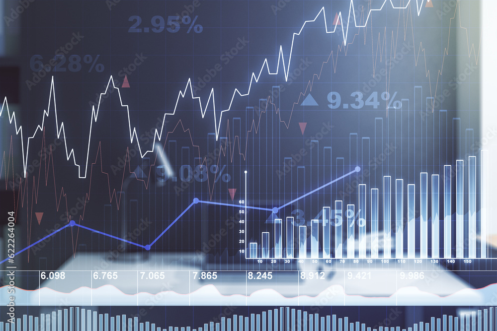 Abstract creative financial graph and modern desktop with computer on background, forex and investment concept. Multiexposure Abstract creative financial graph and modern desktop with computer on background, forex and investment concept. Multiexposure